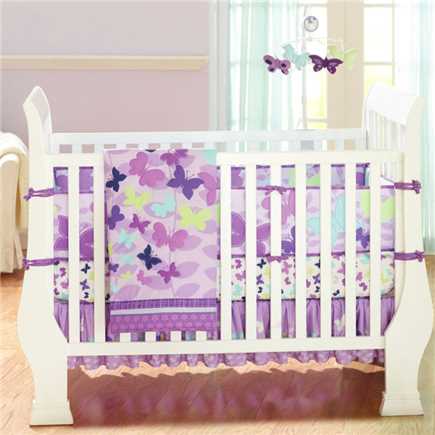 Newborn Baby Girls Purple And Pink Butterfly 9pcs Crib Bedding Set With Musical Mobile And Bumper