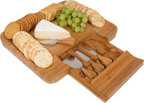 Slide Out Bamboo Cheese Board And 4 Piece Knife Set, Bamboo Cheese Serving Tray