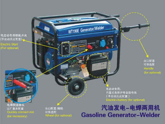 3.5KW Gasoline generator-welder with recoil start+wheel&hand