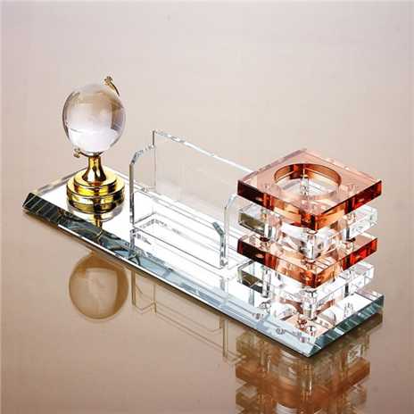 Personalized Crystal Globe Desk Card Holder With Pen Stand