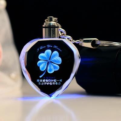 LED Light Heart Shaped Promotional Crystal Keychain With 3D Photo Engraving