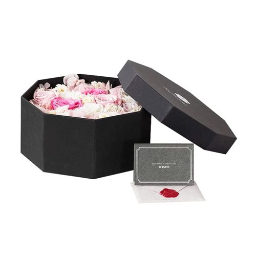 Octangle Luxury Matt Black Card Flower Box,Gift Box For Roses Floral Presents Packaging