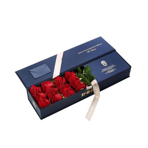 Luxury Blue Paper Cardboard Floral Flower Delivery Boxes, Book Style Box For Flower Bouquet Delivery