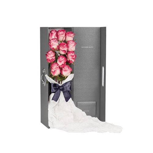 Rectangle Grey Paper Cardboard Flower Box,Magnetic Closure Floral Bouquet Box Cases With Handle