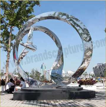 Large Pigeon And Circle Stainless Steel Contemporary Sculptures
